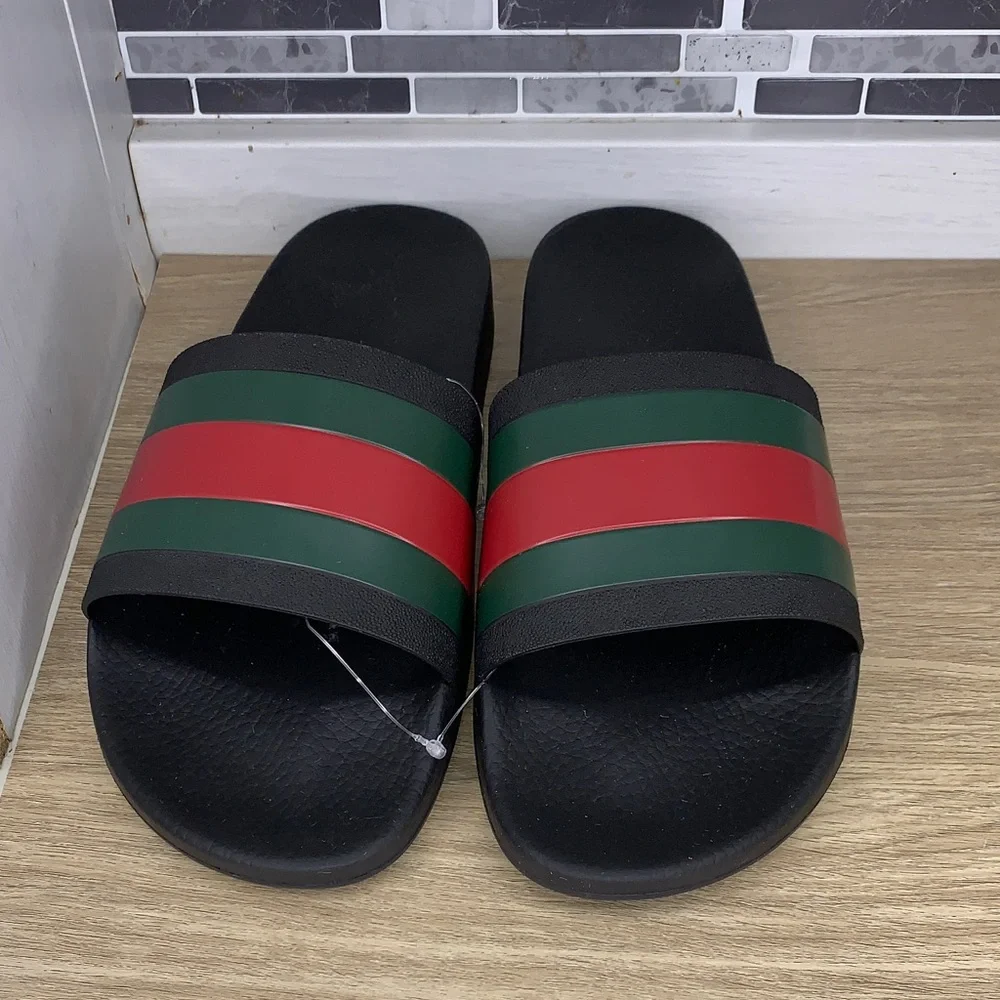 Gucci Black Slides with Red and Green Web Stripe